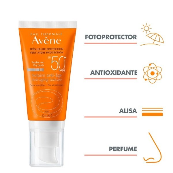 Avene Solar con Protección 50 y acción anti edad. Es antioxidante y protege nuestra piel de los daños oxidativos producidos por el sol y reduce el fotoenvejecimiento.