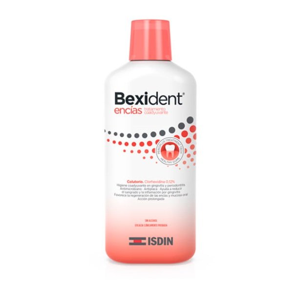 Bexident Encias Colutorio de clorhexidina como tratamiento coadyuvante a la inflamación y sangrado de las encías.