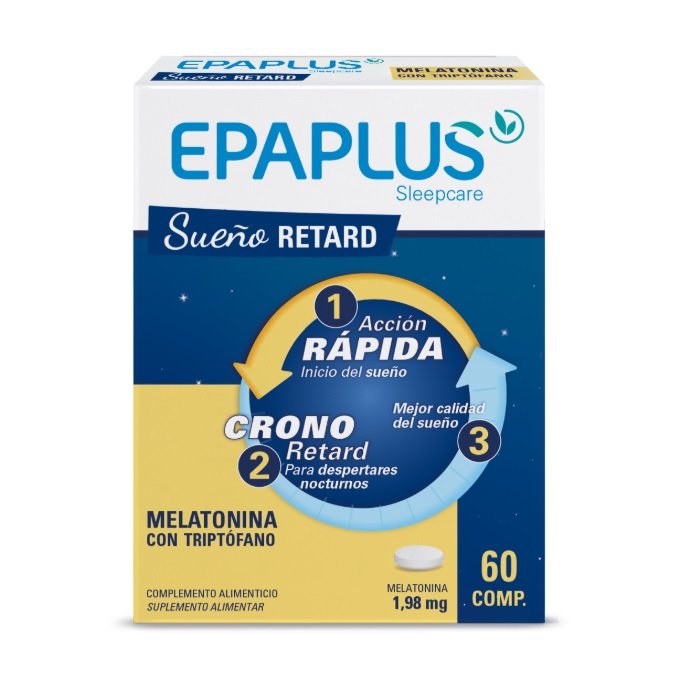 Epaplus Sleepcare Melatonina Retard es un complemento alimenticio a base de melatonina, triptófano, magnesio, vitaminas B3 y B6, y zinc.Para el sueño de noche. La melatonina contribuye a reducir el tiempo necesario para conciliar el sueño. Además, su innovadora fórmula en comprimidos RETARD facilita la liberación prolongada y sostenida de melatonina durante toda la noche (8 horas)