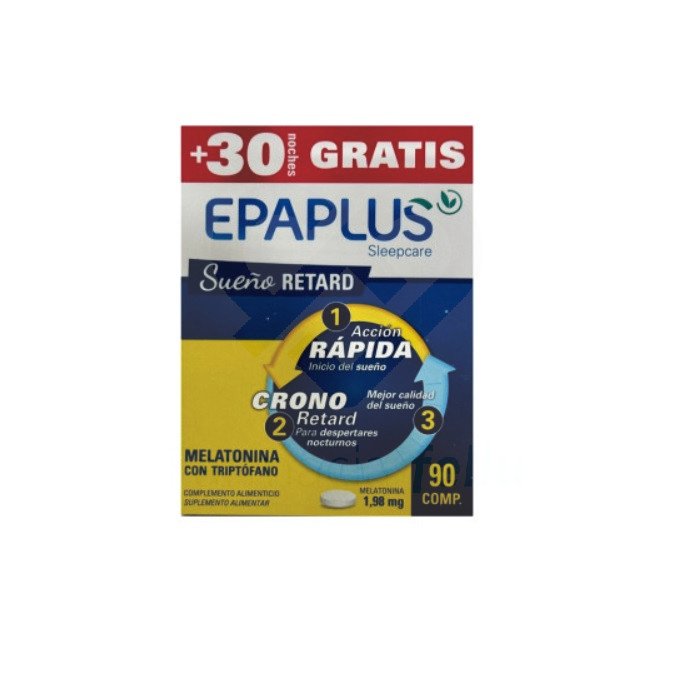 EPAPLUS Sueño Retard Melatonina con Triptofano 1.98 mg 60 Comprimidos Epaplus Sleepcare Melatonina RETARD es un complemento alimenticio a base de melatonina, triptófano, vitaminas y minerales. Para el sueño de noche. La melatonina contribuye a reducir el tiempo necesario para conciliar el sueño. Además su innovadora fórmula en comprimidos RETARD facilita la liberación prolongada y sostenida de melatonina durante toda la noche