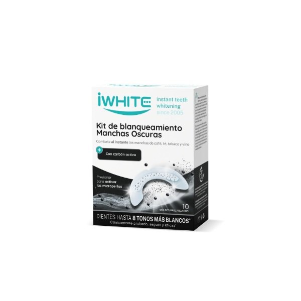 IWhite Manchas Oscuras kit blanqueador con 10 moldes para reducir las tinciones producidas por la pigmentación del café o el tabaco.