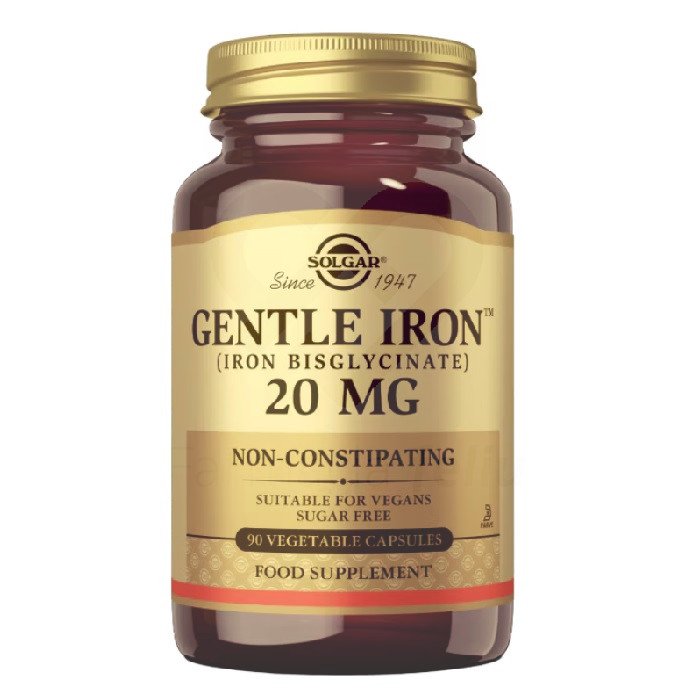 Solgar Gentle Iron 20 Mg Bisglicinato 90 Tabletas Con hierro bisglicinato, una forma única de hierro formulada para conseguir una máxima absorción minimizando la irritación gastrointestinal y el estreñimiento.