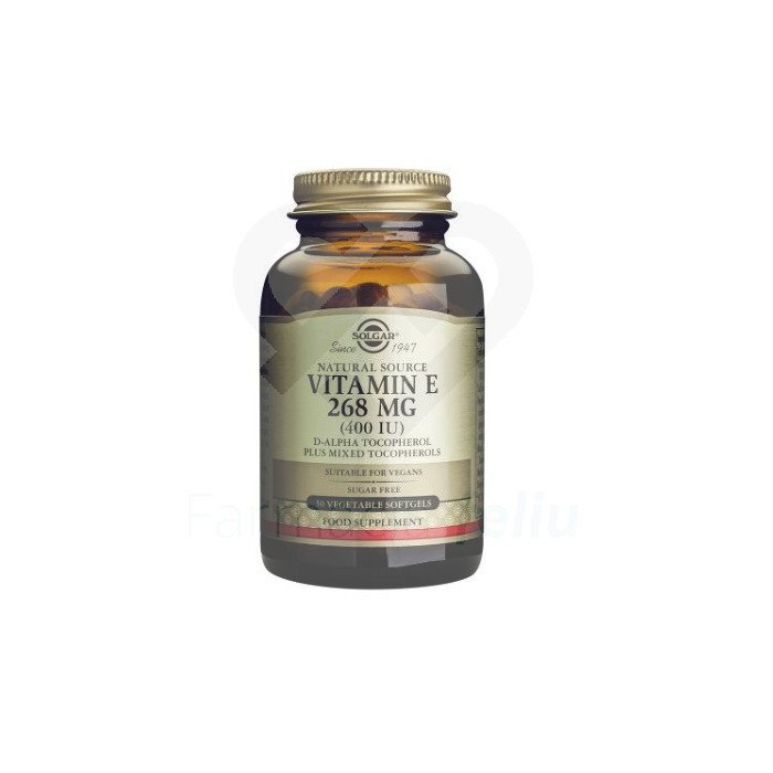 Solgar - Vitamina E 400 UI - 50 cápsulas blandas vegetalesDe fuente natural.Sin gelatina de origen animal. Cápsulas blandas aptas para veganos que contienen en su interior 268 mg (400 UI) de vitamina E líquida en forma de d-alfa-tocoferol, la forma natural de vitamina E que presenta mayor actividad. Solgar® ofrece una amplia gama de productos de vitamina E en diferentes formatos y concentraciones para que el consumidor pueda elegir aquel que mejor se adapte a sus preferencias.