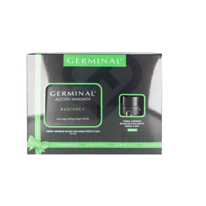 Germinal Acción Inmediata Radiance Crema Antiedad Día SPF30 + Crema de Noche 15 ml es un tratamiento facial completo diseñado para el cuidado diario de la piel. Este pack combina la crema de día con doble efecto flash y protección solar SPF30 junto con una crema de noche regeneradora. Su formulación avanzada ayuda a mantener la piel nutrida, hidratada y con aspecto luminoso, adaptándose a las necesidades de cada momento del día.