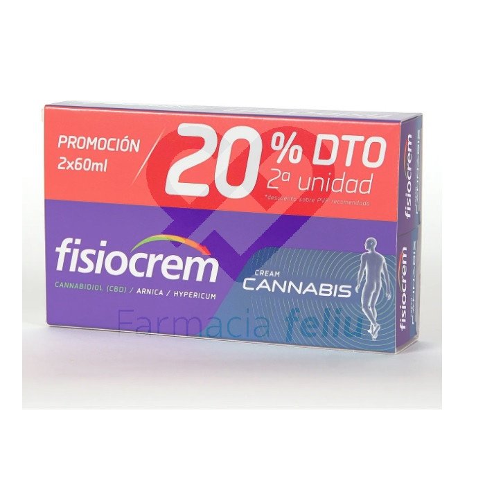 Fisiocrem Cannabis Pack Duplo es una crema analgésica y antiinflamatoria para músculos y articulaciones, con extractos naturales de cannabidiol, árnica, hipérico y extracto de vainilla, con efecto calor para un alivio del dolor y bienestar inmediato. Pack con 2 unidades de Fisiocrem Cannabis 60 ml.