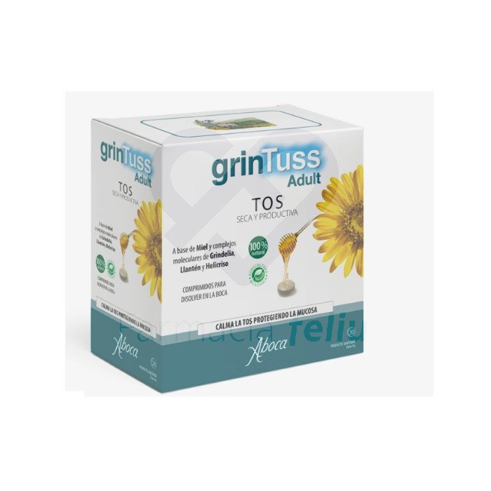 Grintuss es un producto a base de miel y complejos moleculares que ejerce una acción protectora y, por lo tanto, lenitiva de las vías respiratorias superiores. Actúa contra la tos seca, contrarrestando la irritación de la mucosa, y contra la tos productiva favoreciendo la hidratación y la eliminación del moco. Grintuss adult comprimidos está realizado mediante innovadores procesos de extracción y producción que permiten concentrar las fracciones polisacarídicas, de resinas y flavonoides responsables de la acción mucoadhesiva y protectora de la mucosa. La Miel presente en la formulación contribuye a estas actividades y al sabor agradable de los comprimidos. Grintuss es un producto con ingredientes de agricultura biológica y sin gluten.