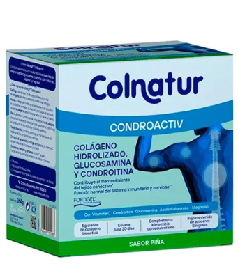 Colnatur Condroactive, 30 sobres sobres con una fórmula muy completa tanto para mantenimiento de huesos, cartílagos,piel, tejido conectivo, disminuir el cansancio y ayudar al sistema inmune