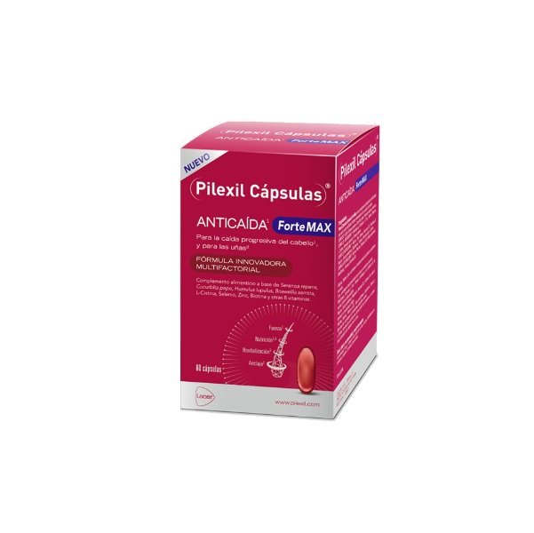 Pilexil ForteMax 60 Cápsulas, complemento alimenticio para tratar la alopecia reforzando el folículo y mejorando el aspecto general del cabello.