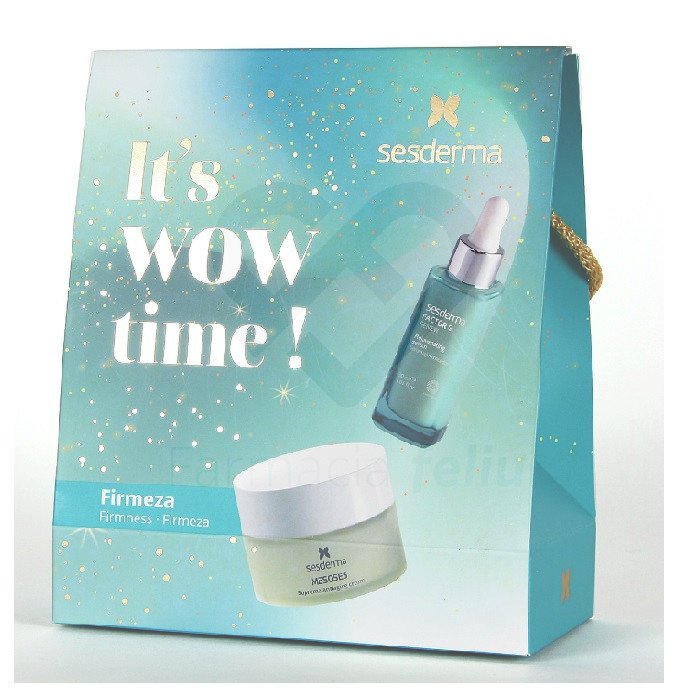 Sesderma PACK It's wow time Firmeza es un tratamiento intensivo reafirmante y antiedad que combina factores de crecimiento y aminoácidos para lucir una piel joven firme y elástica. El pack contiene el serum Factor G Renew contiene 7 factores de crecimiento de origen biotecnológico 100% vegetal que alcanzan las células diana en tu piel y multiplican por tres la producción de colágeno y elastina.