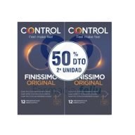 Control Finissimo 12+12 Pack Mega Ahorro. Gracias a su espesor superfino facilita el disfrutar de una sensibilidad extrema, mientras que su forma ergonómica favorece una óptima adaptabilidad. Preservativos confeccionados en látex de caucho natural con lubricación estándar en base de silicona. Anchura nominal 54mm. Formato Estuche 12 Preservativos x 2. Cumple con la normativa de productos sanitarios.