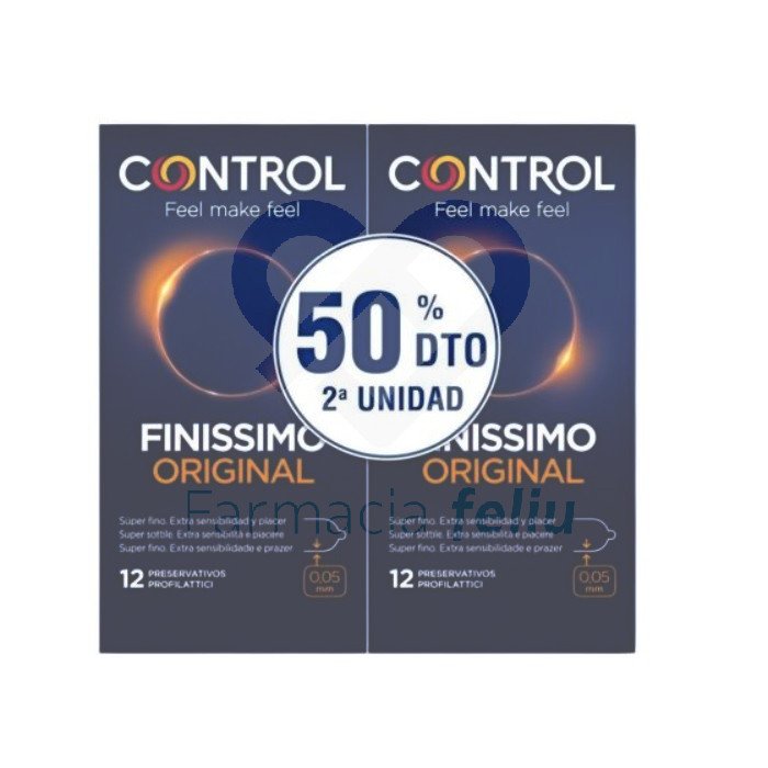 Control Finissimo 12+12 Pack Mega Ahorro. Gracias a su espesor superfino facilita el disfrutar de una sensibilidad extrema, mientras que su forma ergonómica favorece una óptima adaptabilidad. Preservativos confeccionados en látex de caucho natural con lubricación estándar en base de silicona. Anchura nominal 54mm. Formato Estuche 12 Preservativos x 2. Cumple con la normativa de productos sanitarios.