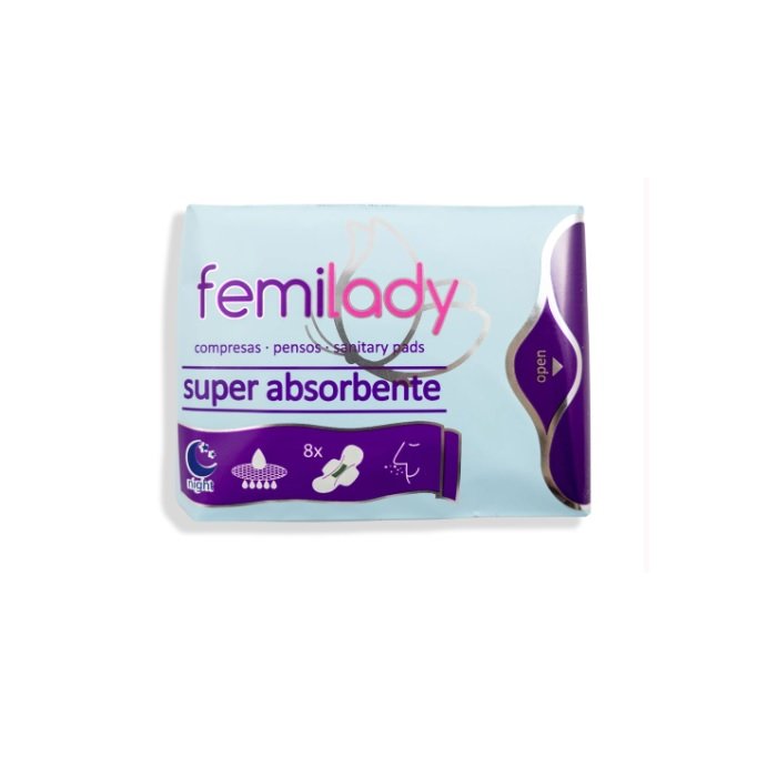 Femilady Super Absorbente 8 Compresas de noche. Las compresas de noche de Femilady, con sus 8 capas de protección, aportan la limpieza, comodidad y calidad que necesitas. La gama Femilady utiliza nanotecnología eficaz en la prevención de bacterias, gérmenes, hongos, pruritos e irritaciones. Además, aporta máximo control de olores y evita las pérdidas laterales. Paquetes con 8 compresas de noche