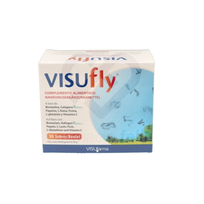 Visufly 30 Sobres Con una fórmula única a base de ingredientes naturales como la bromelina, el colágeno Peptan, la papaya y la vitamina C, Visufly nutre tus ojos desde dentro