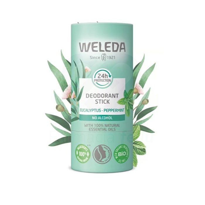 Weleda Desodorante Stick Eucalipto Menta Desodorante sólido en formato stick con ingredientes 100% naturales, sin alcool y sin sales de aluminio. Su formato stick permite una aplicación fácil y rápida.