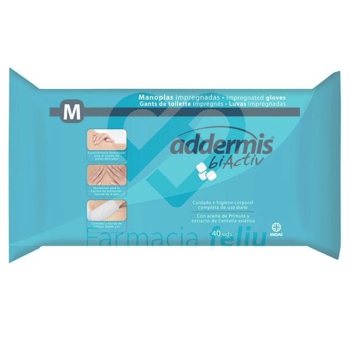 Addermis Manoplas 40u Biactiv impregnadas, especiales para adultos. Manoplas Addermis para la higiene corporal completa de pacientes encamados o con dificultades para asearse por sí mismos. Gracias a su composición y especial formulación protegen y cuidan la piel limpiando en profundidad de forma suave.