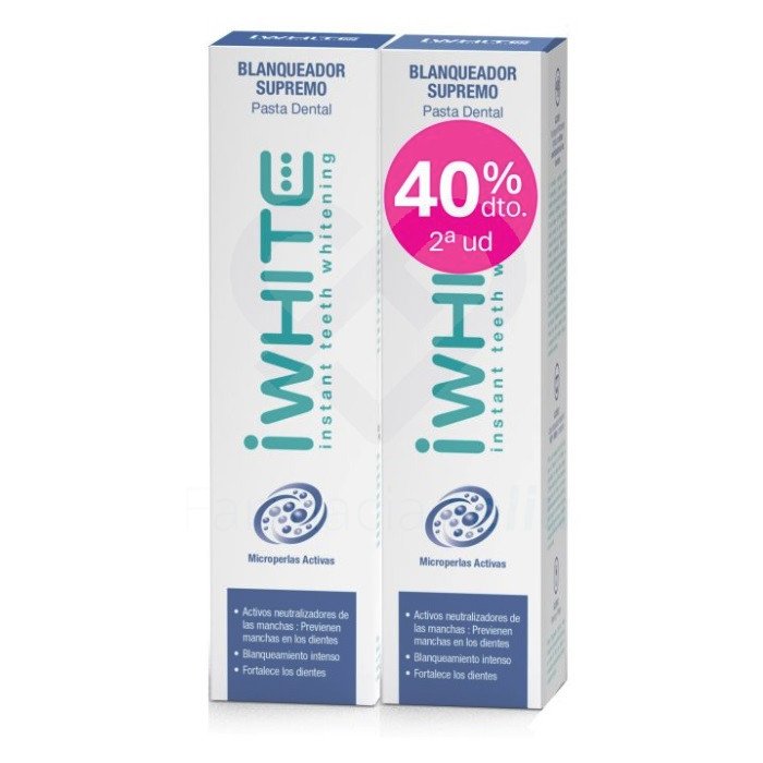 Iwhite Blanqueador Supremo Pasta Blanqueadora. iWhite Blanqueador Supremo Pasta Dental es perfecto para blanquear los dientes a diario y protegerlos de las agresiones externas. Sus ingredientes activos crean una barrera protectora sobre la superficie de los dientes para evitar que se manchen. iWhite Blanqueador Supremo Pasta Dental ha sido especialmente formulada con iones de flúor que ayudan a remineralizar el esmalte de los dientes y prevenir la aparición de caries. Actúa exclusivamente sobre las manchas para conseguir unos dientes mucho más blancos. También ayuda a eliminar el desarrollo bacteriano y por tanto reduce la placa dental. Su innovadora tecnología permite el encapsulado y protección de los principios activos así como su liberación concentrada y controlada en el tiempo. Mientras te cepillas los dientes sus principios activos se liberarán del encapsulado actuando con la máxima eficacia sobre el esmalte.
