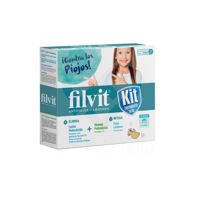 Filvit Kit Tratamiento Total es una solución integral para erradicar piojos y liendres de forma eficaz en niños y adultos, ideal para tratar infestaciones en entornos como colegios o campamentos. Incluye una loción pediculicida (100 ml) con permetrina al 1,5% para eliminar piojos rápidamente, un champú pediculicida (100 ml) para reforzar el tratamiento, un peine lendrera de púas finas para retirar liendres y un gorro de regalo para facilitar la aplicación. Formulados para actuar sin dañar el cuero cabelludo, estos productos ofrecen una acción sinérgica que elimina los parásitos y previene reinfestaciones. Testado dermatológicamente, es apto para niños mayores de 2 años y proporciona una solución segura, práctica y completa para el cuidado capilar en casos de pediculosis.