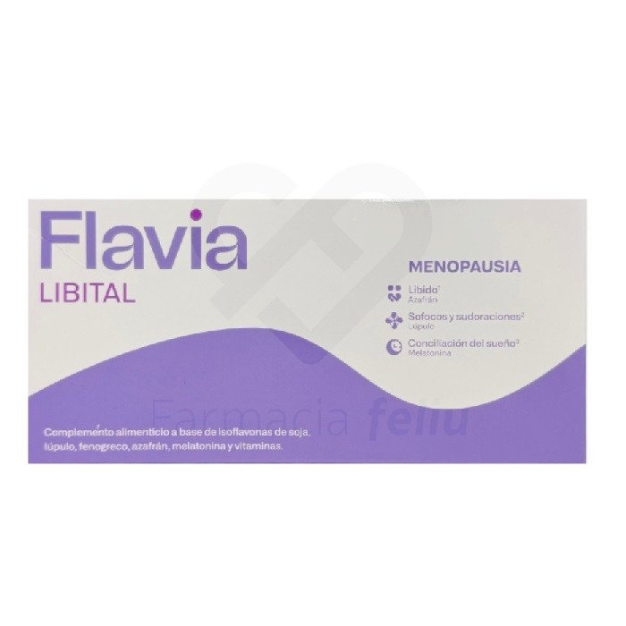 FLAVIA Libital 30 Comprimidos Flavia Libital es un complemento alimenticio para la etapa de la mujer en la Menopausia. Complemento a base de Isoflavonas de soja, Lúpulo, fenogreco, Azafrán, Melatonina y vitaminas. Para estimular el libido, regular sofocos , sudoraciones y conciliación del sueño. Bajo contenido en azúcares, Sin gluten y Sin lactosa.