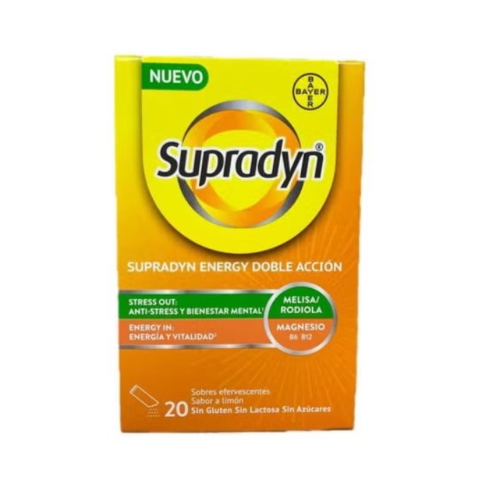 Supradyn Energy Doble Acción 20 Sobres Efervescentes es un complemento alimenticio, con sabor a limón, formulado para reducir el cansancio físico y mental. Combina rodiola y melisa, que contribuyen al equilibrio emocional y al bienestar general, y vitaminas del grupo B, magnesio y otros nutrientes, que contribuyen a ayuda a mantener la vitalidad durante el día.