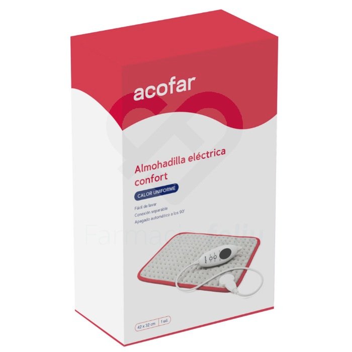 La almohadilla eléctrica confort Acofar proporciona una sensación de confort y calor uniforme para las siguientes zonas: lumbar, abdominal, espalda, costado, piernas, brazos, entre otros. Una almohadilla suave, transpirable, flexilble y fácil de lavar gracias a su acabado de microfibra. Además, tiene una conexión separable y un apagado automático a los 90 minutos. La Almohadilla se puede lavar a máquina en un programa suave a una temperatura máxima de lavado 40ºC. Desconecte el cable de alimentación de la toma de corriente, y la clavija de conexión de la toma de conexión en el dispositivo antes de limpiar la almohadilla eléctrica. La almohadilla se calienta rápidamente, alcanzando su temperatura óptima en tan solo 15 minutos.
