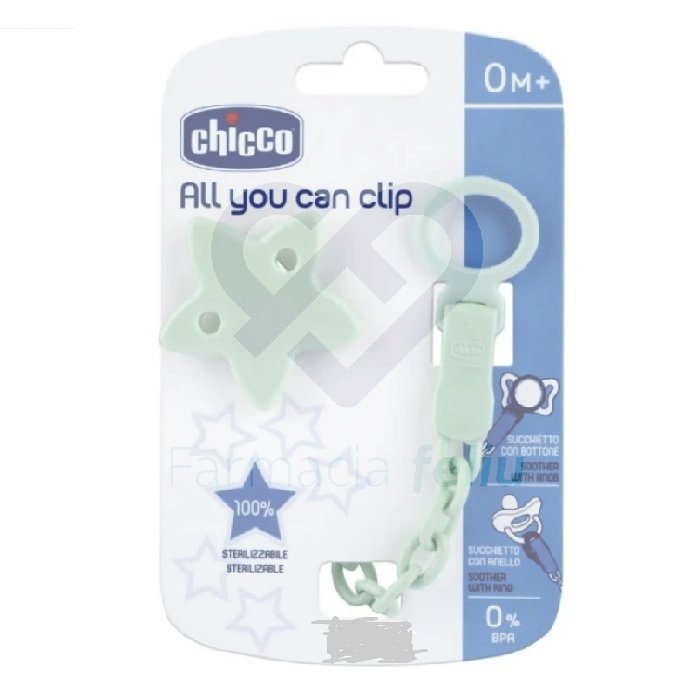 Portachupetes Chicco All You Can Clip color verde menta. Para bebés desde 0 meses. 100% esterilizable y con clip de sujeción segura a la ropa.