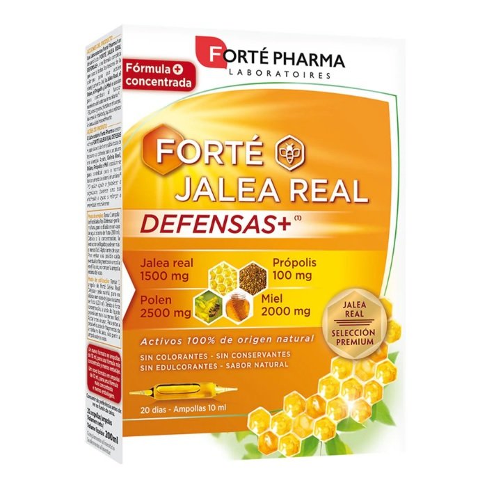 FORTÉ JALEA REAL DEFENSAS+, una fórmula completa que asocia todos los tesoros de la colmena para que actúen sinérgicamente: la Jalea Real, el Polen, el Própolis y la Miel. Alegaciones: El polen ayuda a fortalecer el cuerpo, favorece la vitalidad y ayuda a reforzar la inmunidad naturalmente. Sin conservantes, sin colorantes, sin azúcares añadidos*, sin edulcorantes. Sin gluten. Sin lactosa. Sin huevo. Sin soja. Sin fenilalanina. *Contiene azúcares presentes naturalmente (miel).
