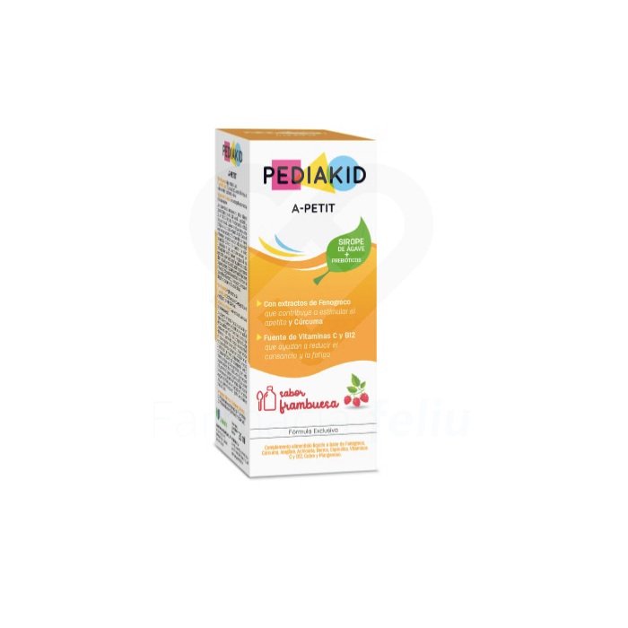 Pediakid Apetito-Tono Jarabe Frambuesa 125ml es un suplemento alimenticio en forma de jarabe que estimula el apetito de los niños. Formulado a base de fenogreco, cúrcuma, espirulina, achicoria, berro, jengibre; Vitaminas C y B12, magnesio y cobre. Las vitaminas C y B12 ayudan a reducir la fatiga, para aumentar la energía. Sabor a frambuesa. Sin gluten, sin ingredientes de origen animal, sin colorantes artificiales.