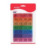 El pastillero semanal Acofar sirve para organizar la medicación. Cada módulo es un día de la semana y se diferencia por los distintos colores. Cada uno de los módulos dispone de cuatro compartimentos para repartir los diferentes medicamentos en función de la hora de la toma. 7 módulos diarios (uno para cada día de la semana) 4 compartimentos (para repartir la dosis de toma diaria: mañana, mediodía, tarde y noche). Módulos extraíbles, perfectos para llevar, guardar en un bolso o bolsillo, y útil para viajar. De fácil manejo y cómodo para tener siempre a mano.