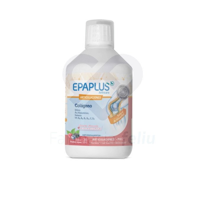 Epaplus Arthicare Mantenimiento sabor frutos rojos es un complemento alimenticio que ayuda a la flexibilidad y movilidad articular por su contenido en colágeno hidrolizado, silicio (del extracto de bambú), ácido hialurónico, magnesio, vitamina C y vitaminas B5, B6, B12 y D3.