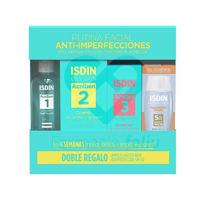 Isdin Acniben PACK Rutina Completa es un tratamiento completo en cuatro pasos específico para piel grasa y/o con tendencia acneica.