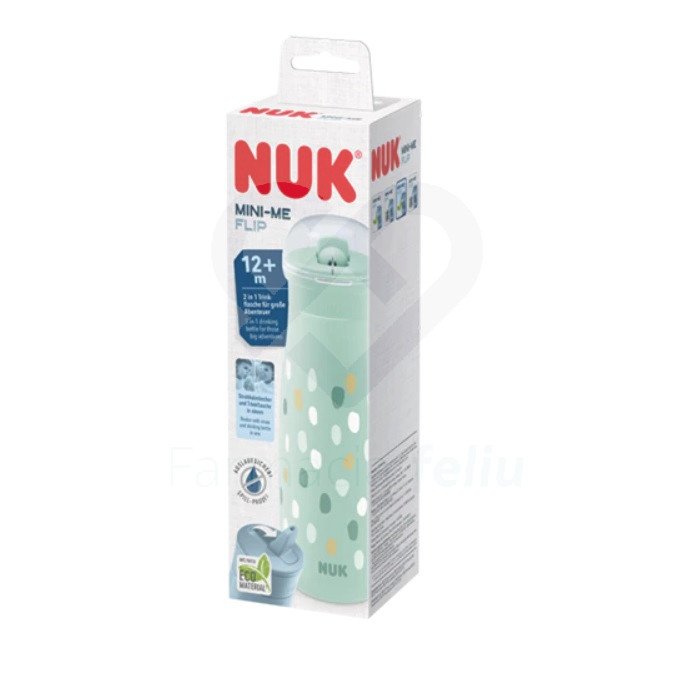 Una botella para cualquier aventura – para niños a partir de 12 meses. Con tapa 2 en 1 resistente a mordeduras: vaso con pajita y botella para beber con o sin pajita. Botella para beber de diseño moderno: fabricada con más del 80 % de materiales sostenibles*. Apta para lavavajillas. Ligera de transportar y resistente Se puede combinar con todos los productos NUK Mini-Me, contiene 450 ml de líquido, sin BPA. verde