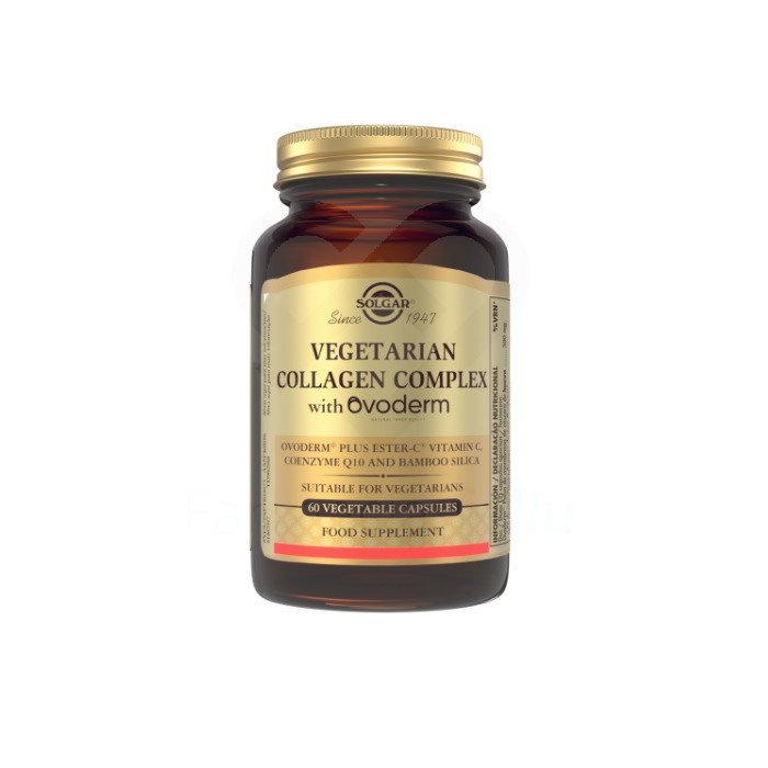 C.N. -Solgar - Colágeno vegetariano Ovoderm® - 60 cápsulas vegetalesComplejo avanzado de colágeno con Ovoderm®, un colágeno vegetariano ampliamente estudiado junto con otros ingredientes que cuidan la piel, como la vitamina C o la coenzima Q-10, que favorece la belleza.