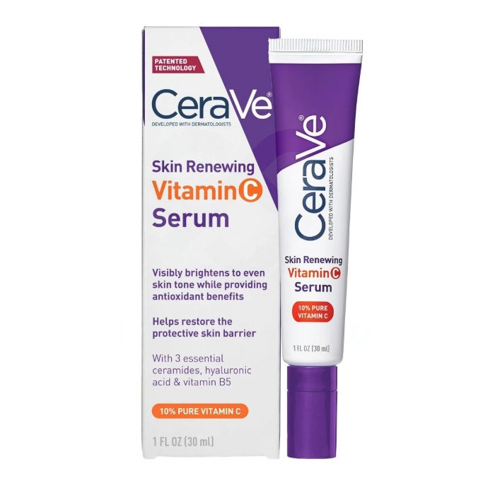 El sérum CeraVe Skin Renewing Vitamin C aporta luminosidad y frescura a la piel gracias a su fórmula con un 10% de vitamina C, conocida por sus potentes efectos antioxidantes. El sérum mejora el aspecto de las líneas de expresión, reduce las manchas oscuras y equilibra el tono de la piel, aportándole un aspecto uniforme y saludable. La combinación de ácido hialurónico, vitamina B5 y 3 ceramidas esenciales hidrata y fortalece la barrera cutánea. Así, cada gota potencia el aspecto natural y radiante de tu piel.