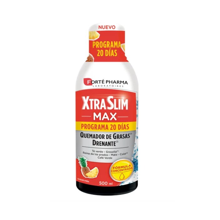 XtraSlim Max es un complemento alimenticio a base de té verde, grosella, mate, reina de los prados, cola y café verde.