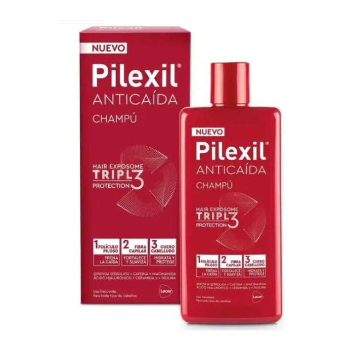 Pilexil Champú Triple Protection 275 ml es un champú intensivo para cabellos con tendencia a la caída. Forma parte de la gama TRIPL3 PROTECTION, diseñada para actuar sobre los factores que debilitan el cabello, tratando el folículo piloso, la fibra capilar y el entorno del cuero cabelludo en forma simultánea.