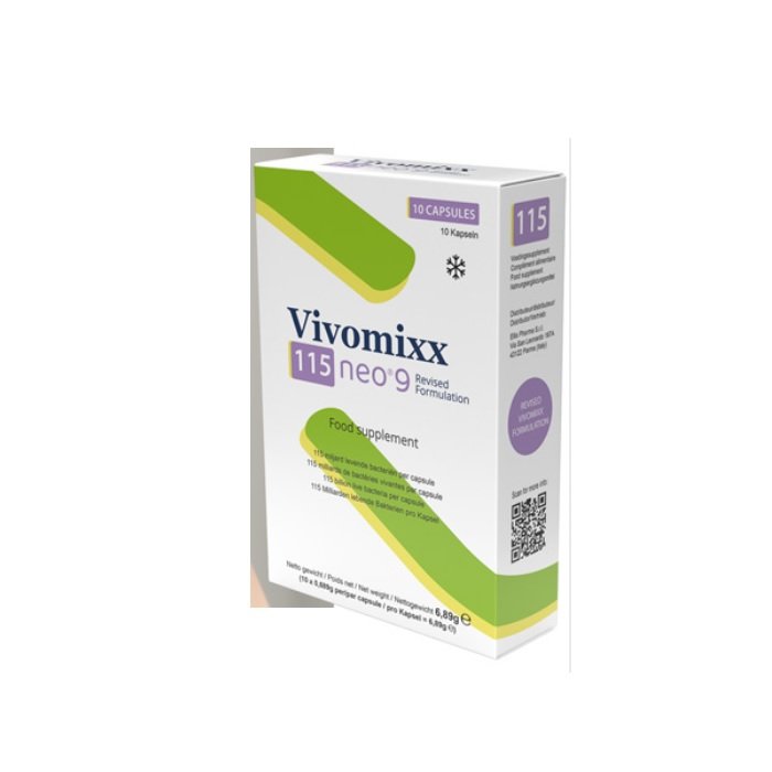 Ingredientes: una mezcla de 115 mil millones de bacterias lácticas y bifidobacterias vivas para el equilibrio de su flora intestinal. Sin conservantes, colorantes ni edulcorantes sintéticos. Trague la cápsula con un vaso de agua. Vivomixx neo® contiene bacterias vivas liofilizadas y debe conservarse refrigerado (de 2 a 8 °C) para mantener la calidad de las bacterias.