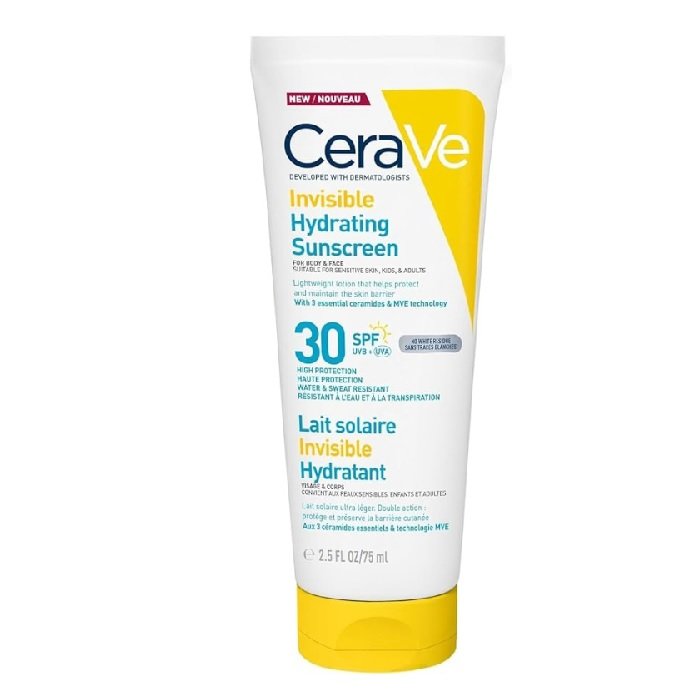 La Loción Protectora Invisible Hidratante SPF30 CeraVe protege del daño de los rayos UV, con 3 ceramidas esenciales y tecnología MVE.