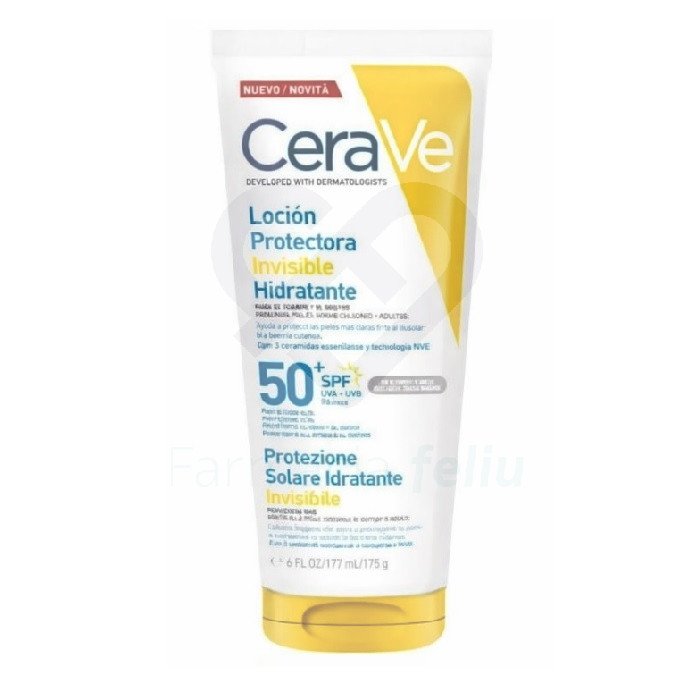CeraVe Loción Protectora Invisible Hidratante SPF50+ 177 ml combina alta protección solar y cuidado hidratante en una textura ligera e invisible. ¡Ideal para el uso diario y máxima comodidad en la piel!