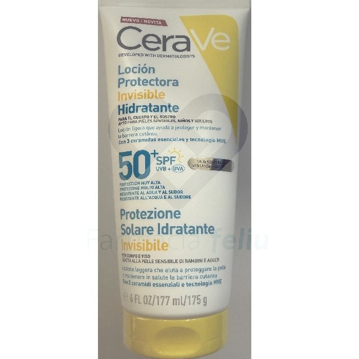 CeraVe Loción Protectora Invisible Hidratante SPF50+ 177 ml combina alta protección solar y cuidado hidratante en una textura ligera e invisible. ¡Ideal para el uso diario y máxima comodidad en la piel!