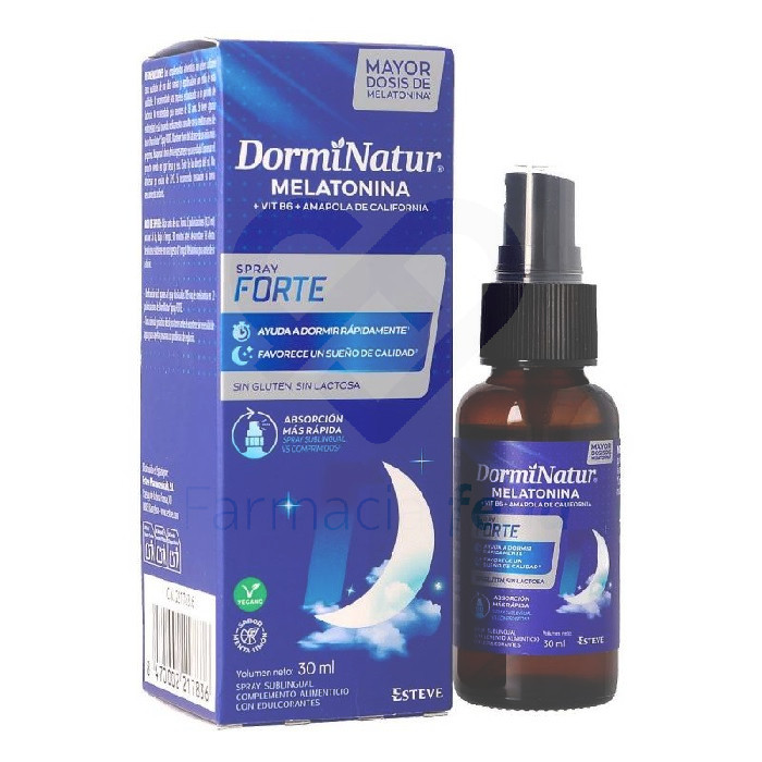 DormiNatur Melatonina Forte Spray es un complemento alimenticio en formato spray bucal diseñado para favorecer el inicio del sueño y ayudar a reducir las molestias asociadas a los cambios de horario y jet lag.