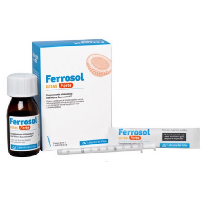Ferrosol gotas forte es un complemento alimenticio a base de Hierro Sucrosomial útil para el aporte adecuado de dicho nutriente en casos de ingesta insuficiente o por aumento de las necesidades del organismo.Es la forma forte de Ferrosol gotas, con 14 mg/mL de Hierro Sucrosomial. El hierro contribuye a la función cognitiva normal, al metabolismo energético normal, a la formación normal de glóbulos rojos y de hemoglobina, al transporte normal de oxígeno en el cuerpo, al funcionamiento normal del sistema inmunitario y ayuda a disminuir el cansancio y la fatiga.
